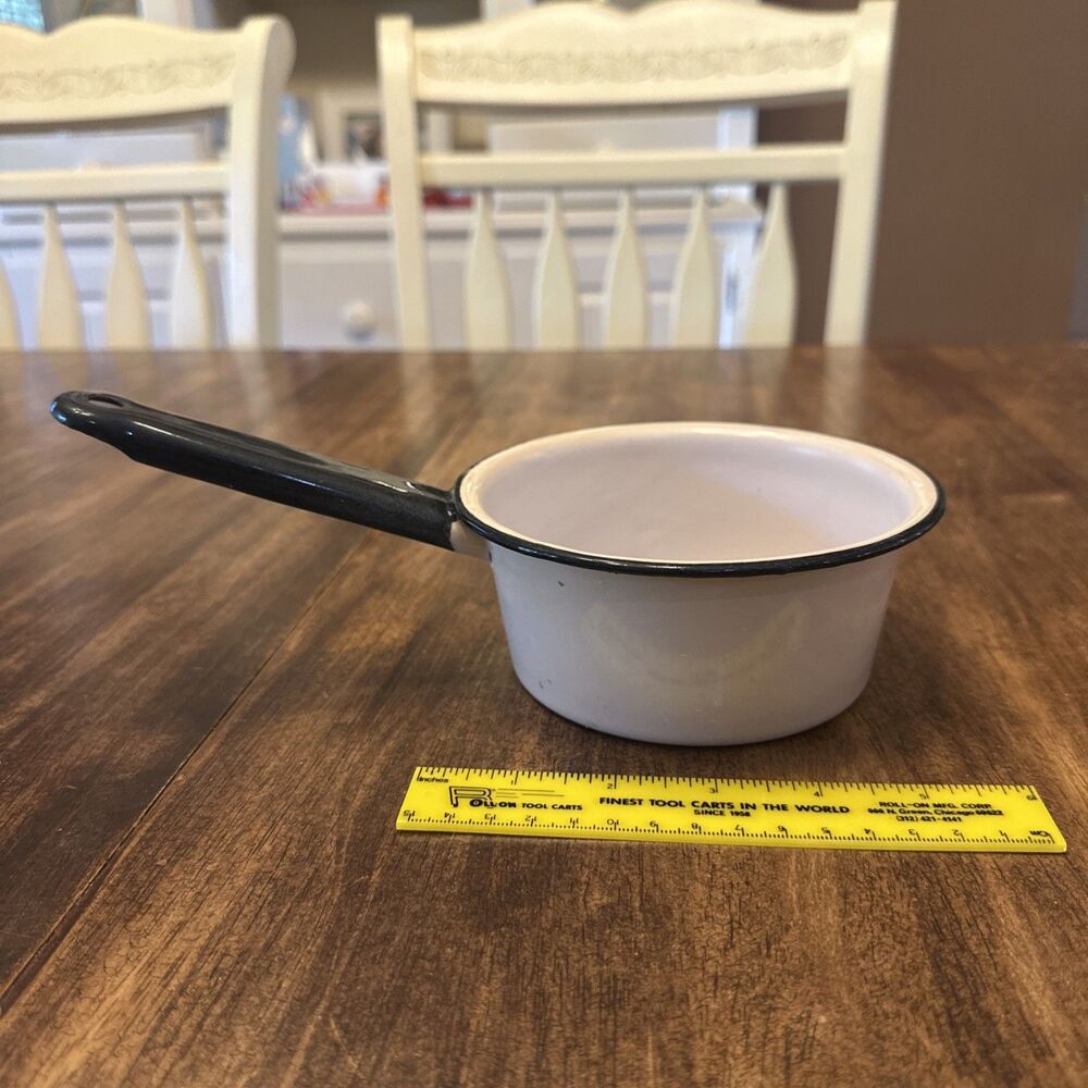 Vintage Farmhouse  Enamelware Saucepan Round 6" Pot Beige/Black Decor